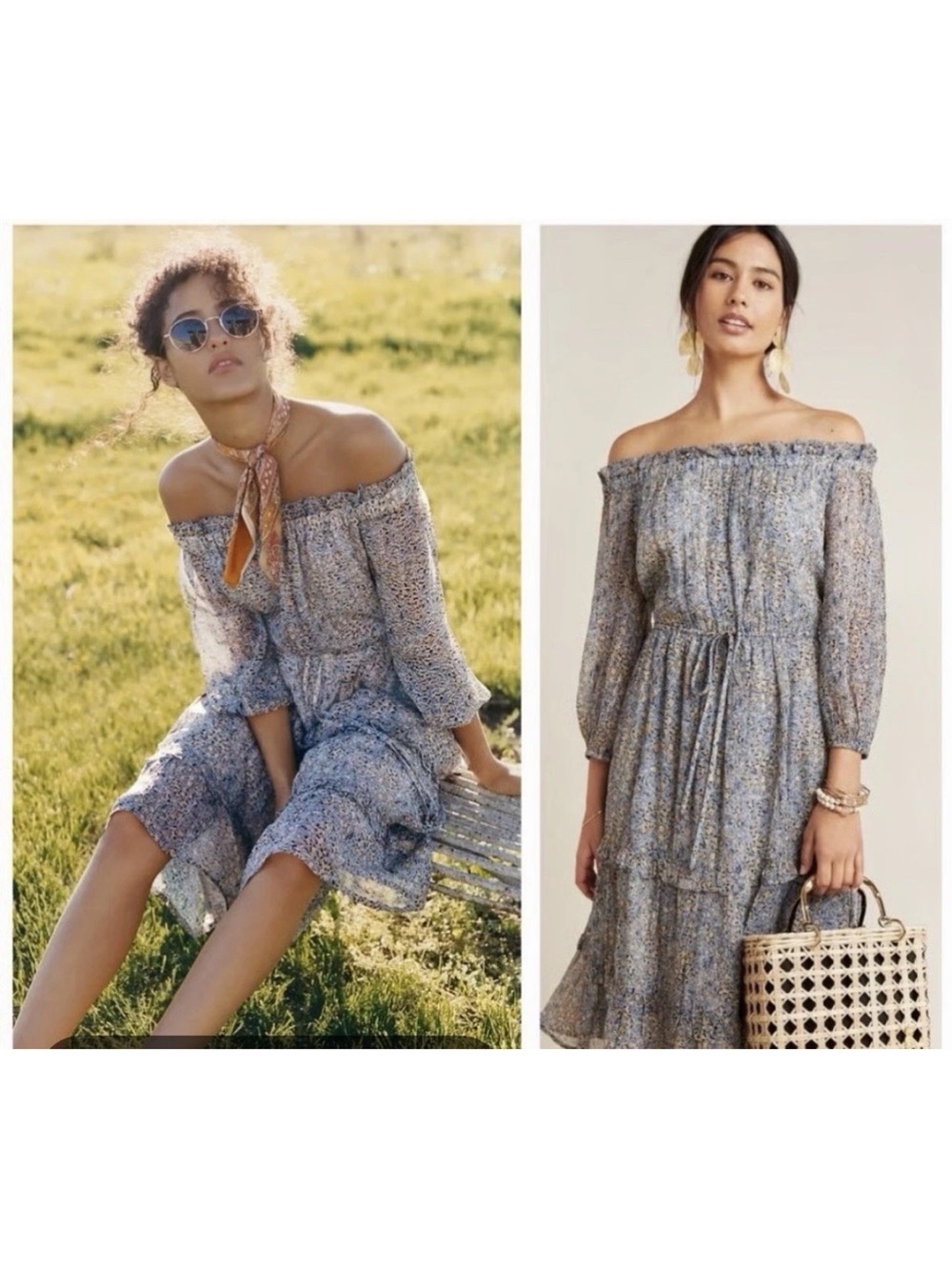 Anthropologie Kira Off-the-Shoulder-SZ 6-Blue Shimmer Peasant Dress Stretchy$198 - Picture 1 of 14